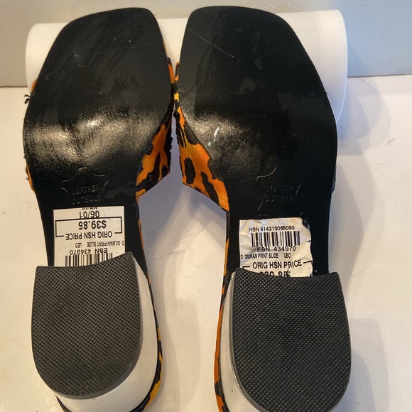 Diane Gilman leopard orange black sequin square toe chunky block heel slides - Picture 7 of 16